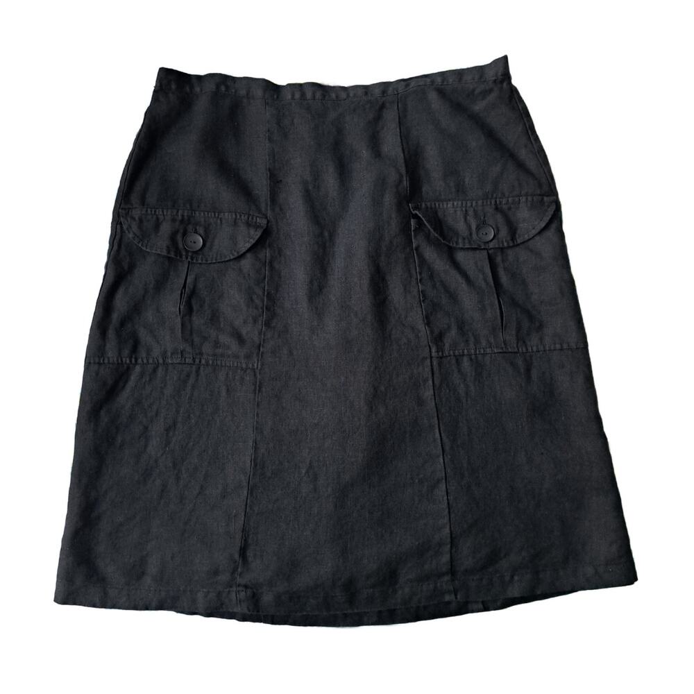 FLAX 100% Linen Cargo Pocket Midi Skirt Medium Black Elastic Back Lagenlook